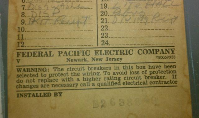 Federal Pacific electrical panel noted during a home inspection in Boynton Beach, Strike one!